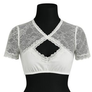 New Medium White Lace Dirndl Blouse High Keyhole Neck Vneck Top Oktoberfest